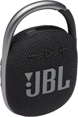 JBL Clip 4 in black and gray with handle that duals as a clip