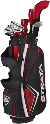 Strata Men's Complete Golf Club Set includes driver, 3 wood, 5 hybrid, 6 iron, 7 iron, 8 iron, 9 iron, pitching wedge (PW), sand wedge (SW), putter stand bag and head covers.