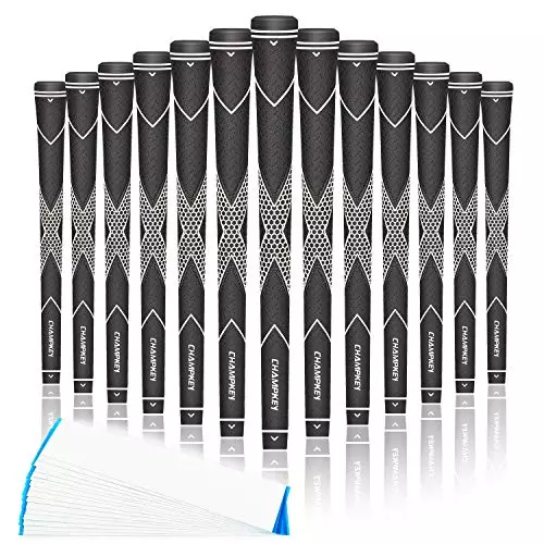 CHAMPKEY Premium Rubber Golf Grips feature a ribbed pattern for enhanced traction and come in multiple color options, offering a cost-effective solution for golfers seeking both grip security and style