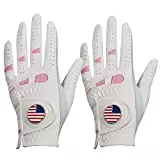 The Amy Sport Golf Glove with magnetic golf ball marker designed with an American flag and supporting American flag colors throughout the glove