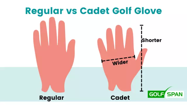 Two hands that show the difference between what fits a regular golf glove versus what is best for those who need a cadet golf glove for those that have a wider palm and shorter fingers