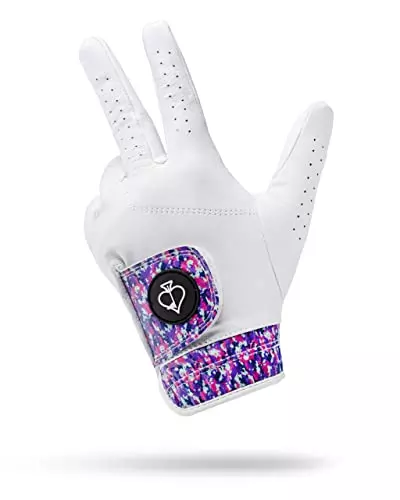 The Pins & Aces - Vivid Camo Golf Glove is one of the best golf gloves for hot and humid weather coming from a small business in a fun and stylish pattern on the closure of the grip