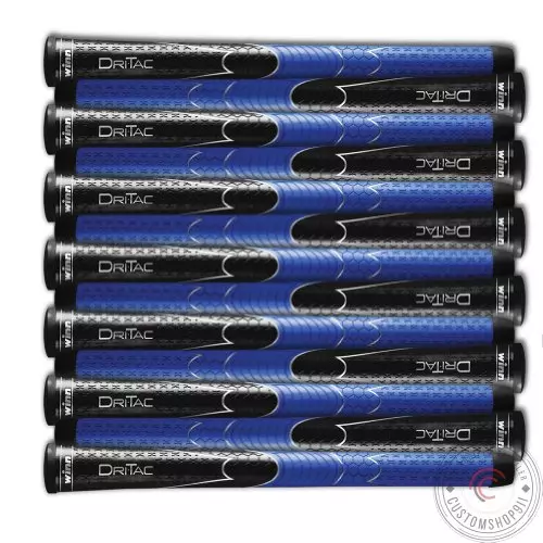 The WINN DRI-TAC MIDSIZE Golf Grip is known for its moisture-resistant comfort and visibility-enhancing black and blue design, offered in a set of 13 pieces for complete club regripping.