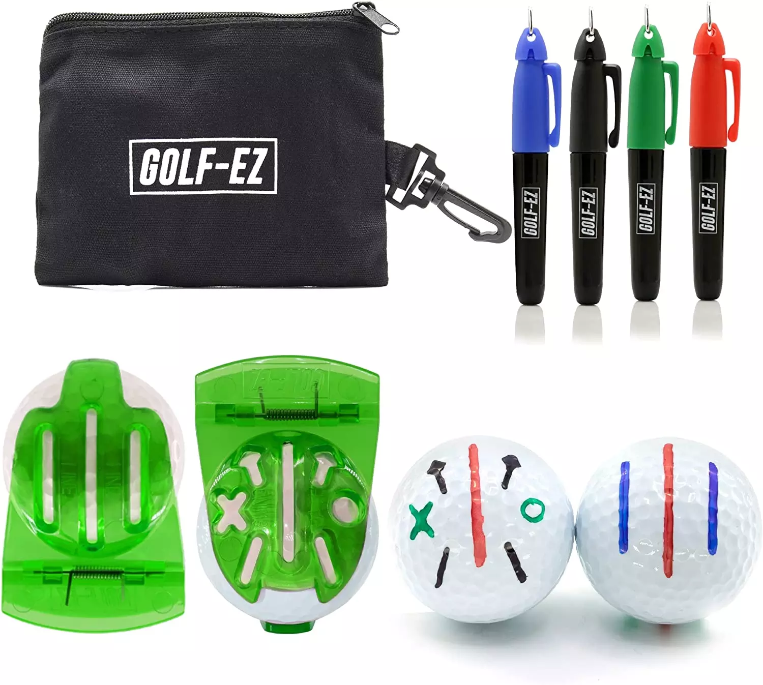 Golf-EZ TRI-LINE Golf Ball Alignment Kit comes with various permanent markers, a tool to mark your ball, and a bag to carry all equipment within