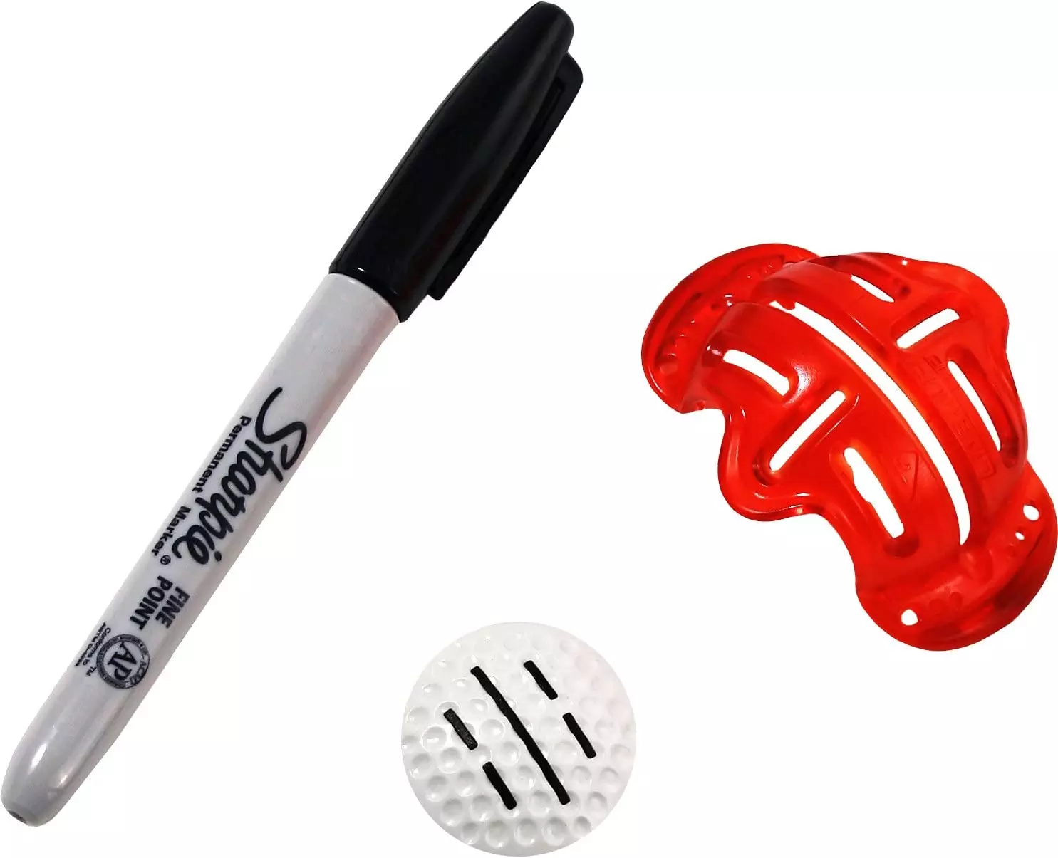 Greenkeepers Line M Up Golf Ball Markers is a black permanent marker that comes with a line up tool to draw straight lines on a golf ball