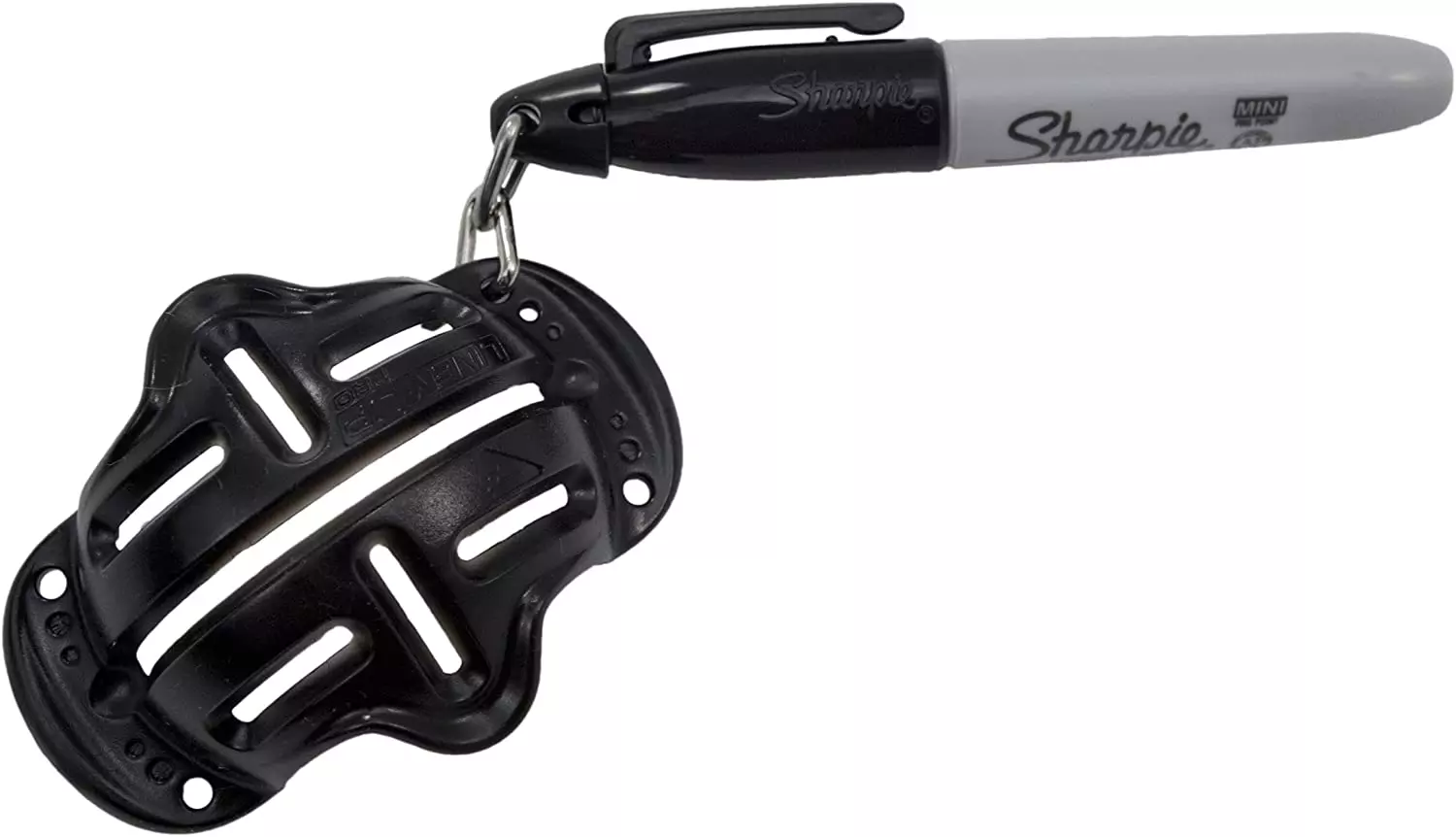 Line M Up Golf Ball Alignment Identification Tools comes with a permanent marker and clip to a tool to help draw straight lines on a golf ball