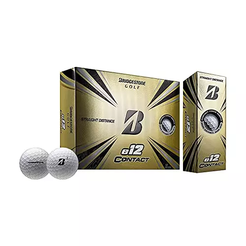 The Bridgestone Golf 2021 e12 Contact Golf Balls is a white golf ball with a large “B” for a logo along with a number on the ball uniquely positioned in the top right. The ball also includes a line to help line up your golf ball, whether you’re on the tee or green.