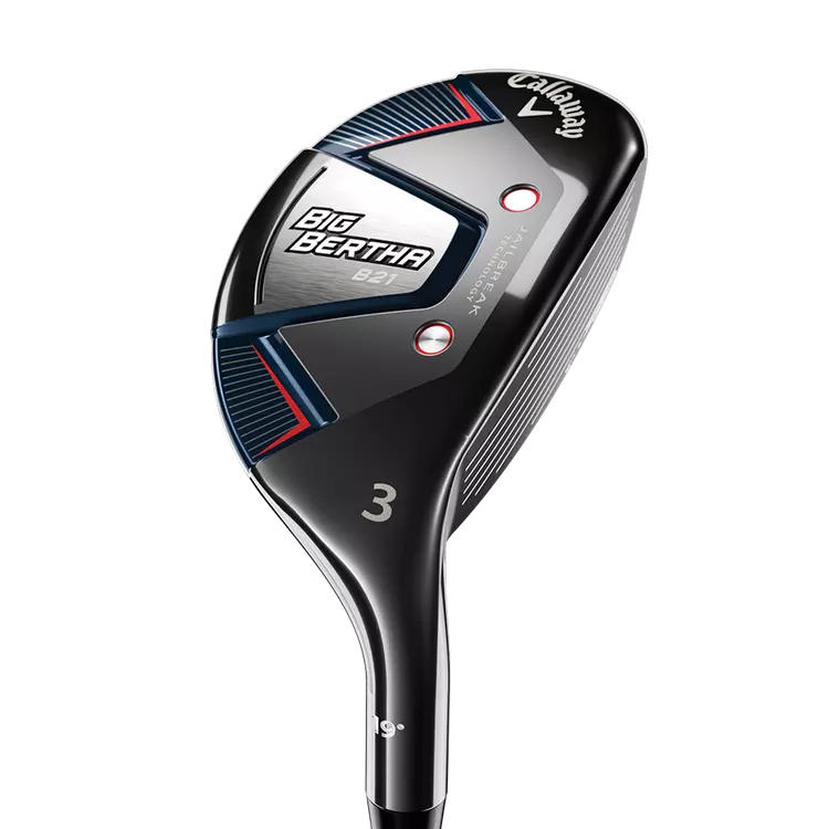The Callaway Big Bertha B21 Golf Hybrid is a classic black club face design with red and blue outlines that make it pop. We love this golf hybrid for beginner golfers who tend to slice the ball
