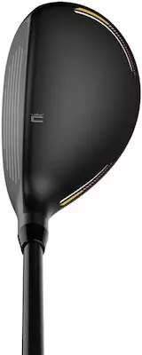 The Cobra Golf 2022 LTDX Men's Hybrid is a black with gold trim hybrid that has a wood like face to support hitting balls well off the tee and the ground