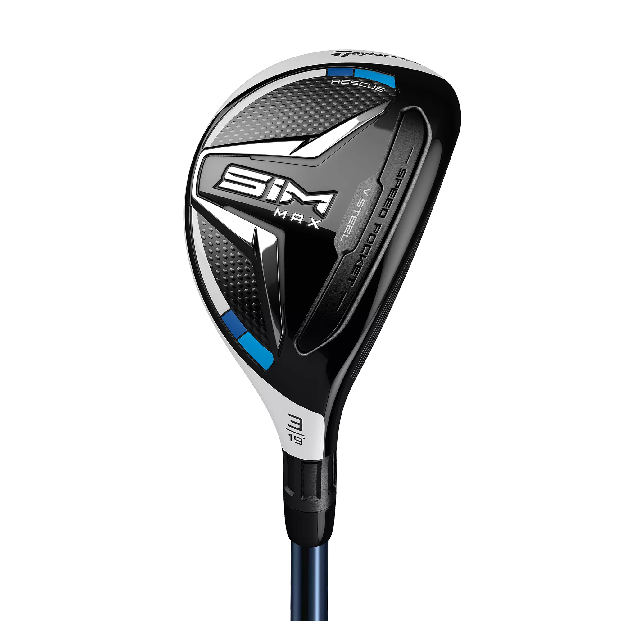 The TaylorMade SIM MAX Golf Hybrid comes in a black shell with a white and blue outline that provides great eye appeal for all types of golfers