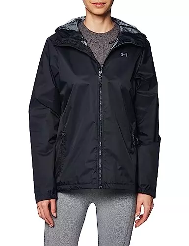 A sleek and functional rain jacket tailored for women by Under Armour, ideal for outdoor activities in wet weather