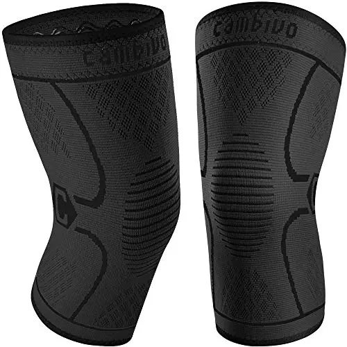 The CAMBIVO 2 Pack Knee Braces for Knee Pain, Knee Compression Sleeve for Men and Women is an all-black compression knee brace that has a stenciled outline to help you place the knee brace within the right spot of your knee and leg for optimal support.