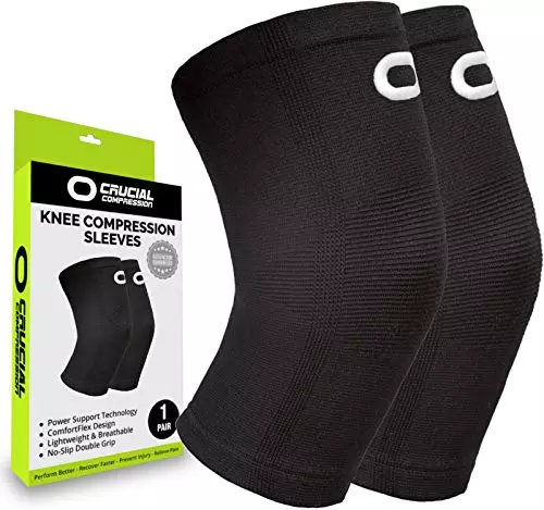 The Crucial Compression Knee Sleeve is an all-black knee sleeve that comes with a small opening at the top of the sleeve to provide added durability and an easy way for you to pull the sleeve up as it moves down your leg during normal activity