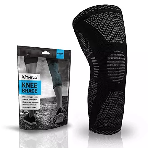The POWERLIX Knee Compression Sleeve - Best Knee Brace for Knee Pain for Men & Women is an all black compression sleeve that has gray outlines focused on helping you determine where the sleeve should be across different body parts that really focuses on providing the best compression and overall warmth to reduce swelling and stiffness