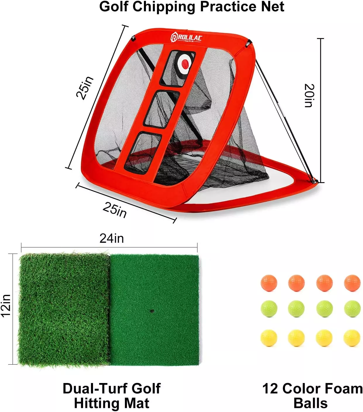 This golf chipping mat is quite the package. Includes multi-feel mats, foam balls, and a 25 inch net that can catch balls at various flights. Relilac Pop Up Golf net great for indoor or outdoor use