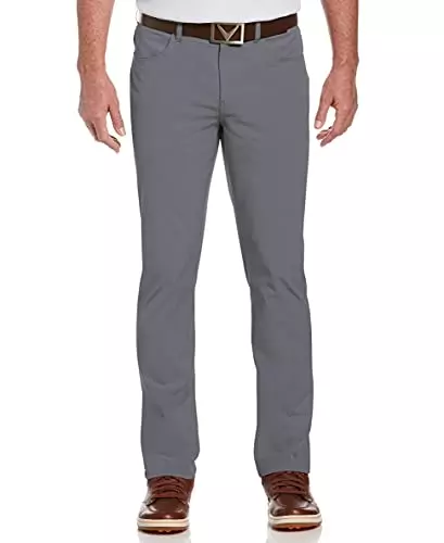 The Callaway Men's Everplay 5-Pocket Golf Pant is a golf pant that comes in various colors has a loose material around the calf area while being a little tighter around the thighs