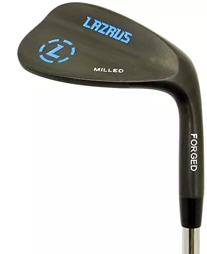 This left-handed Lazrus golf wedge with a 52-degree loft offers top-quality forged construction, comparable to high-end clubs but at a fraction of the price, suitable for all skill levels and designed for great spin and consistency with its micro milled face.